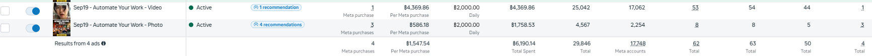 Historical Meta Ads Manager performance screenshot showing real purchases and spend.