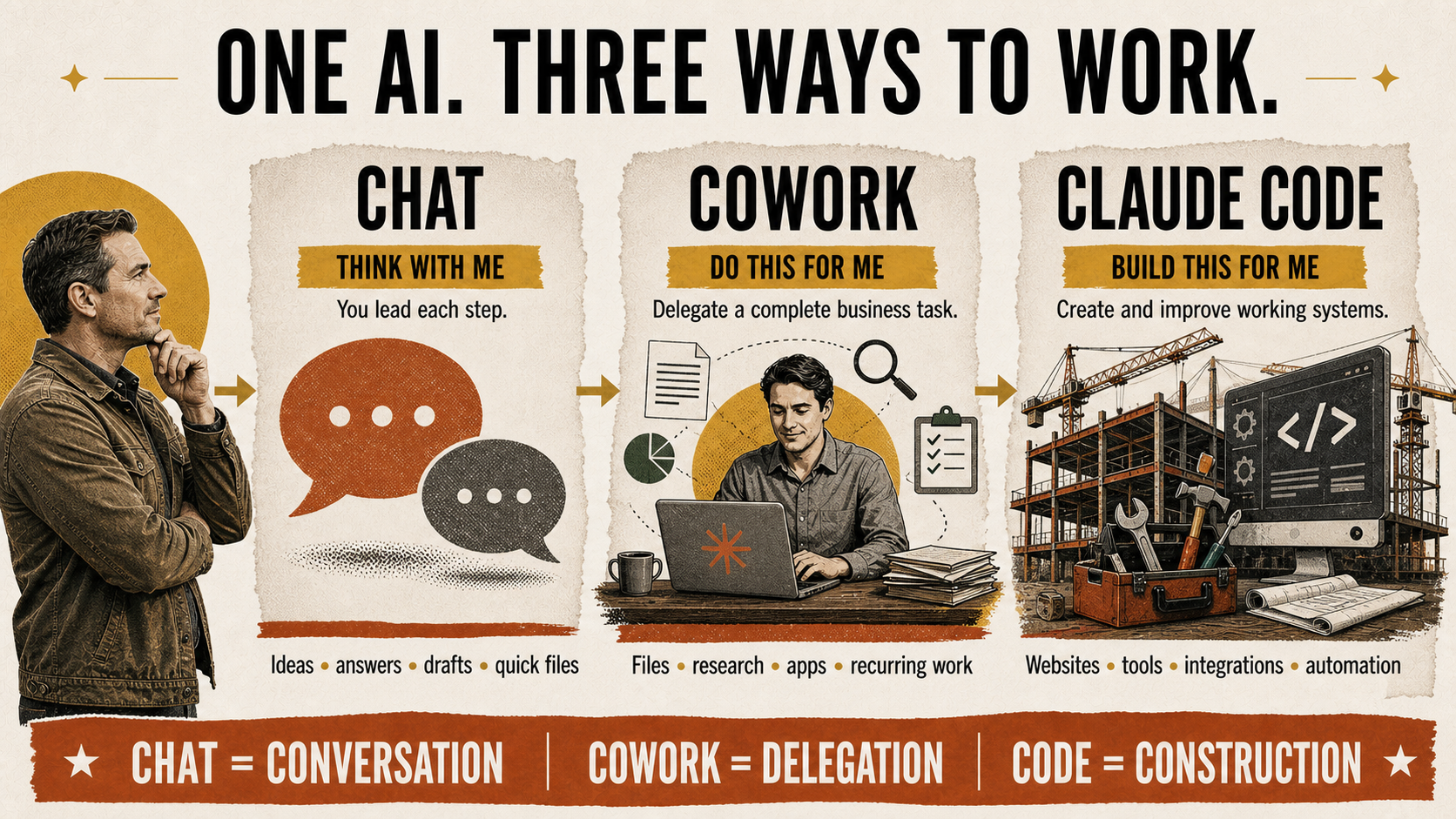 One AI, three ways to work: Chat means think with me, Cowork means do this for me, and Claude Code means build this for me.