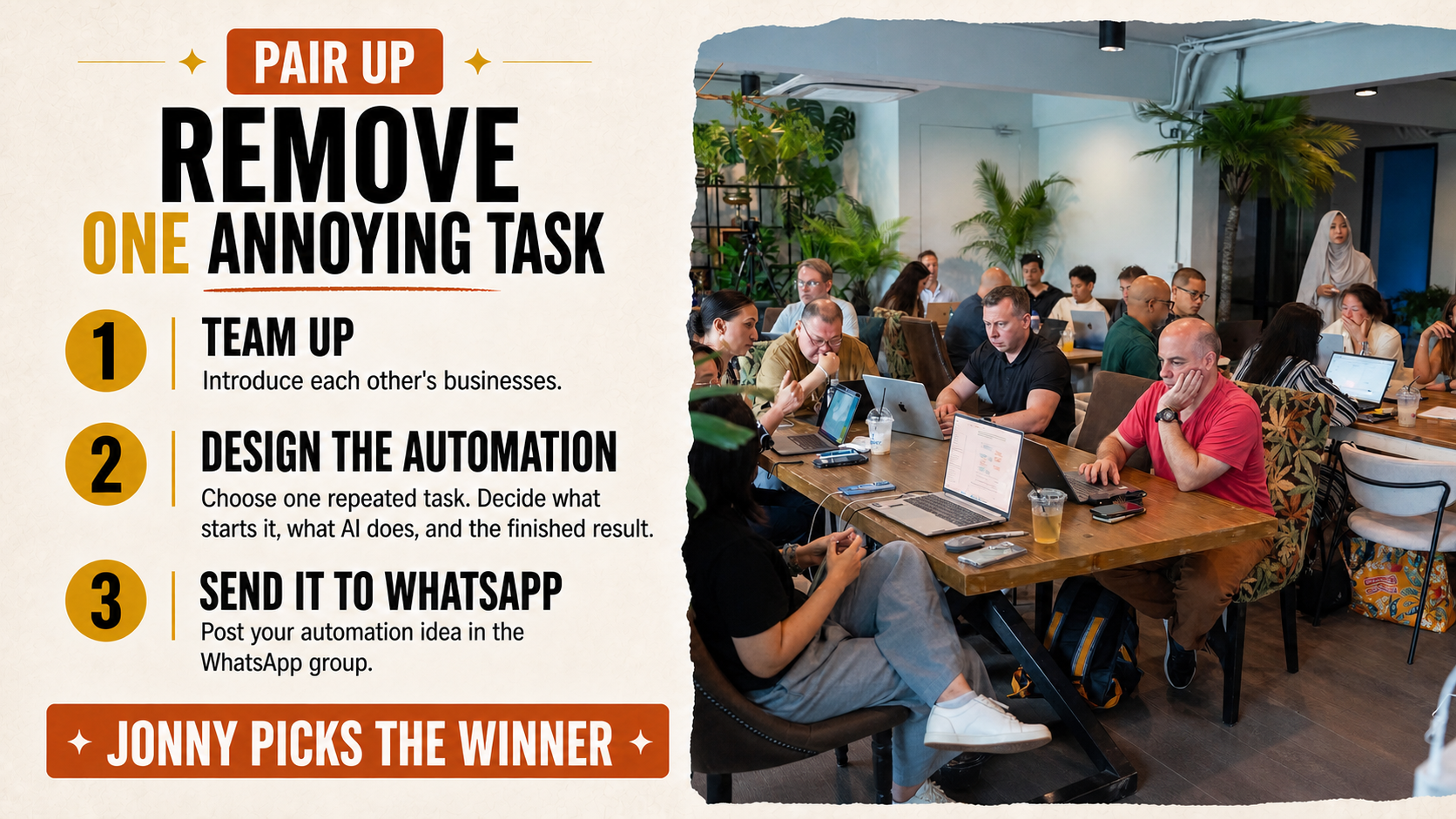 Pair exercise using a real AI CEO workshop photo: team up, design one automation that removes an annoying repeated task, send the idea to the WhatsApp group, and Jonny picks the winner.