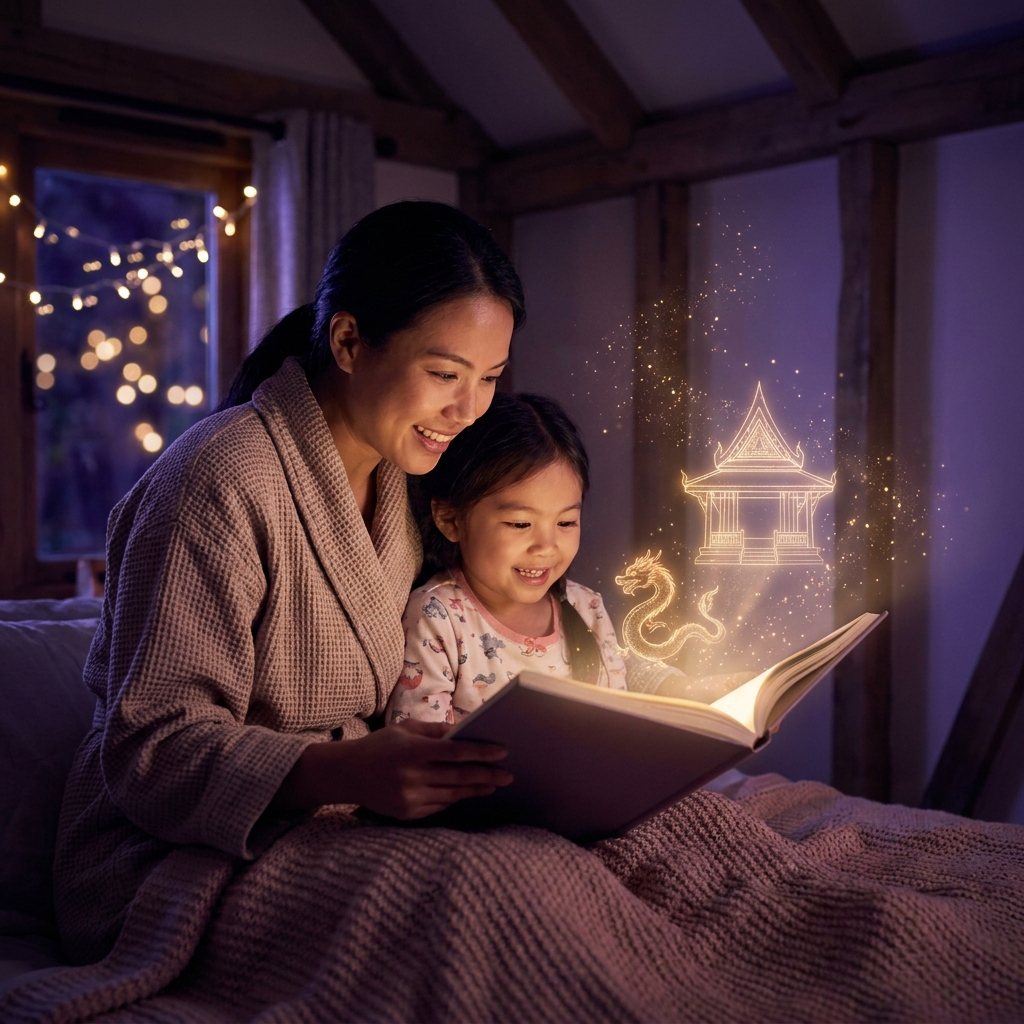Story Hero promotional artwork: a parent and child reading a magical glowing storybook