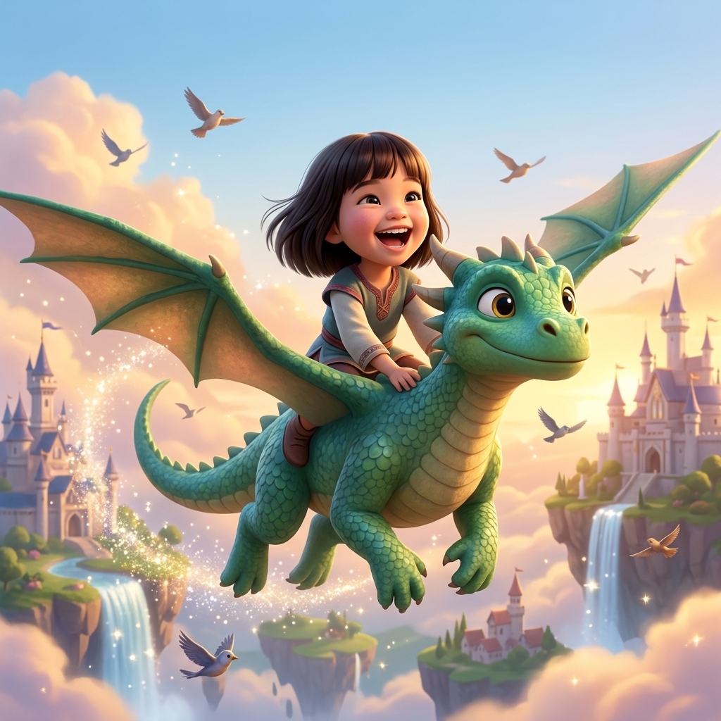 Story Hero example storybook artwork: a child riding a friendly dragon