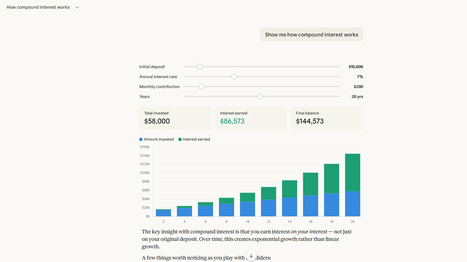 Claude custom visual showing an interactive compound interest calculator