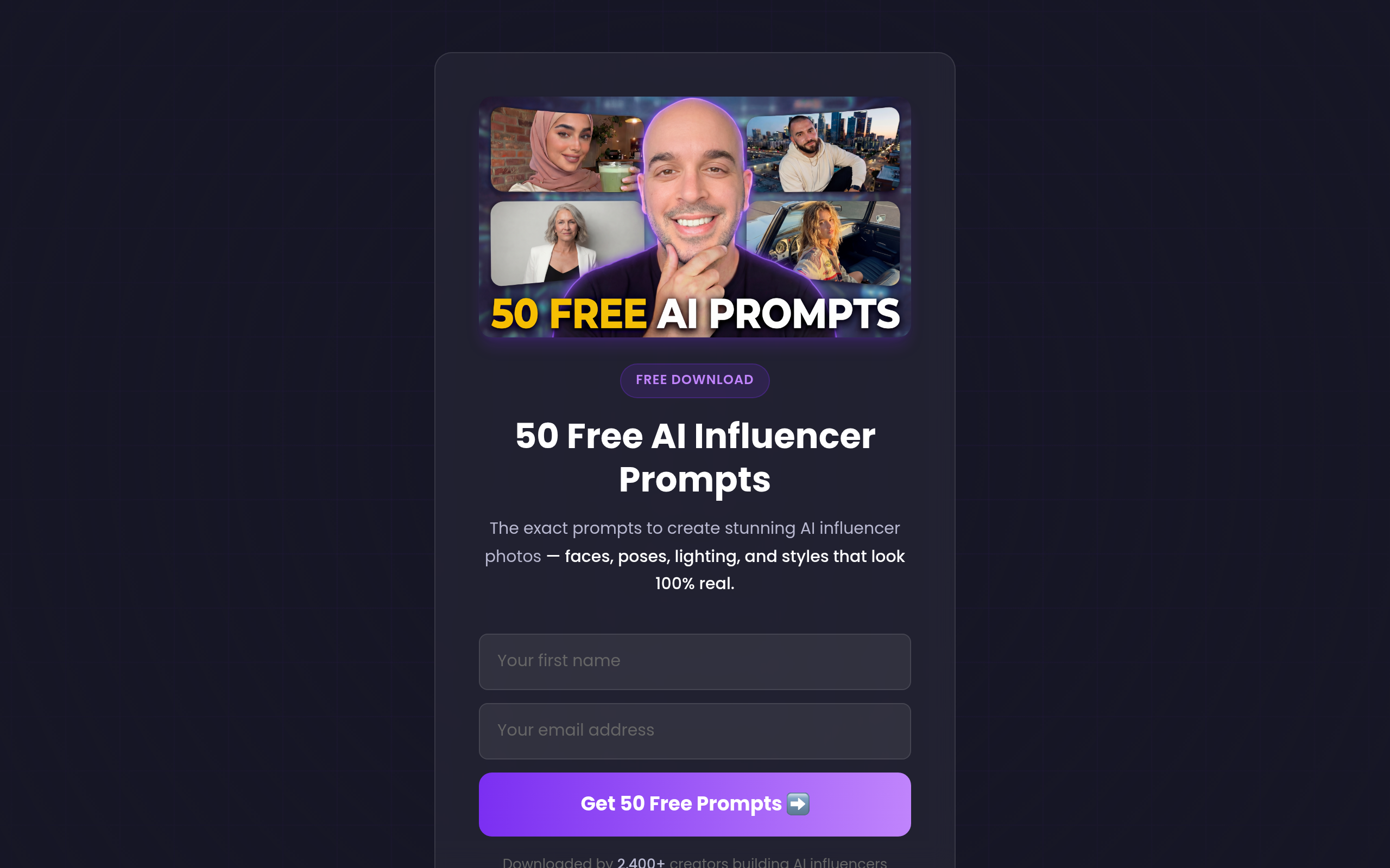 50 Free AI Influencer Prompts - lead magnet squeeze page