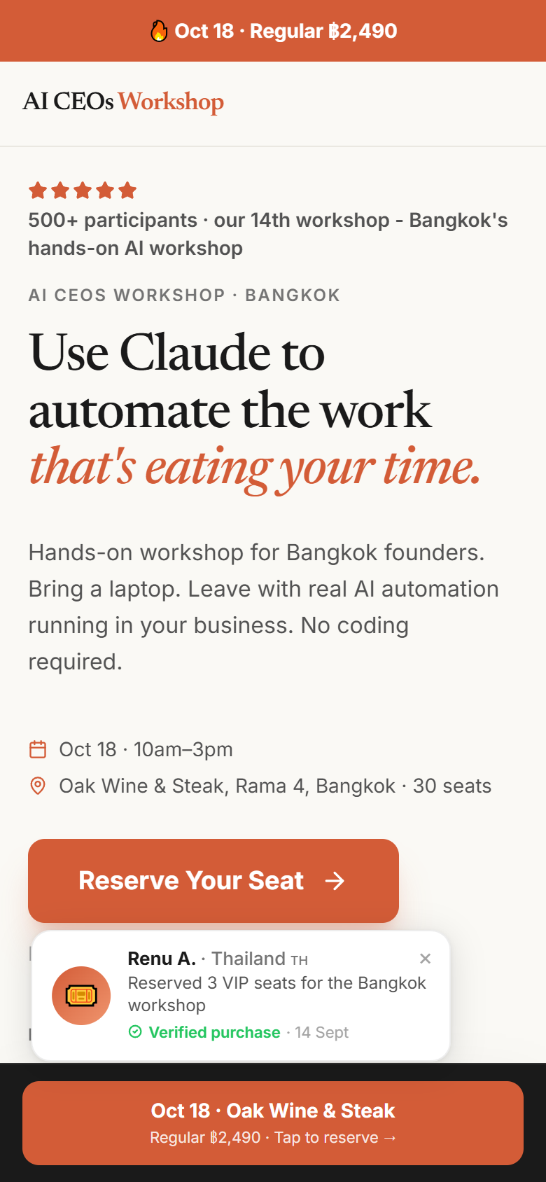 AI CEOs Workshop Bangkok landing page on a phone