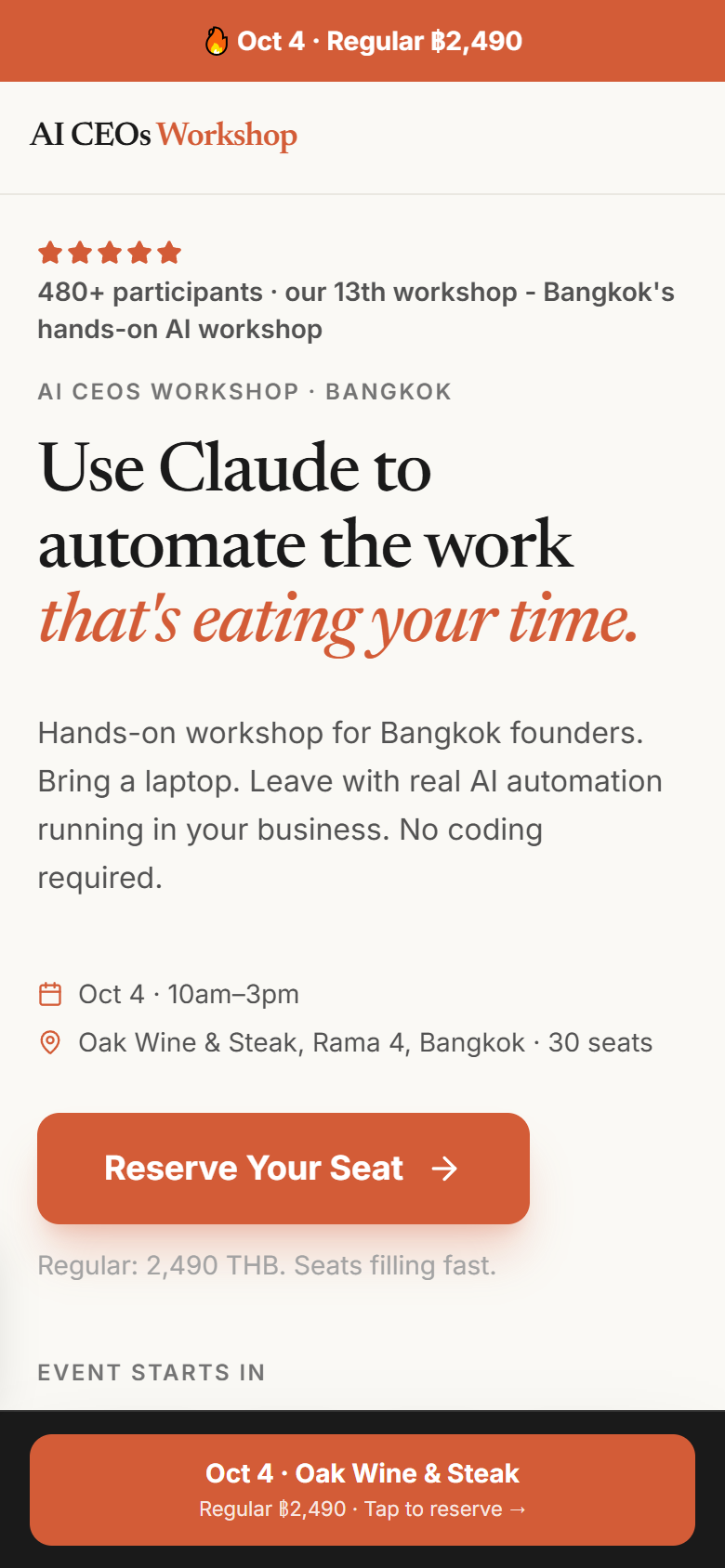 AI CEOs Workshop Bangkok landing page on a phone