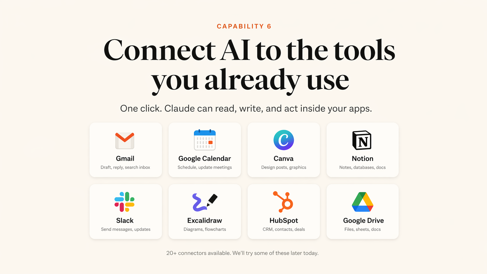 Capability 6 - Connect AI to the tools you already use. Gmail, Google Calendar, Canva, Notion, Slack, Excalidraw, HubSpot, Google Drive. 20+ connectors available.